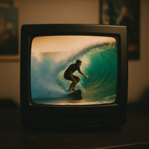 A surfer on retro box tv