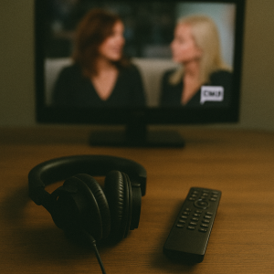 A desk with headphones, a TV remote, and a show on a TV